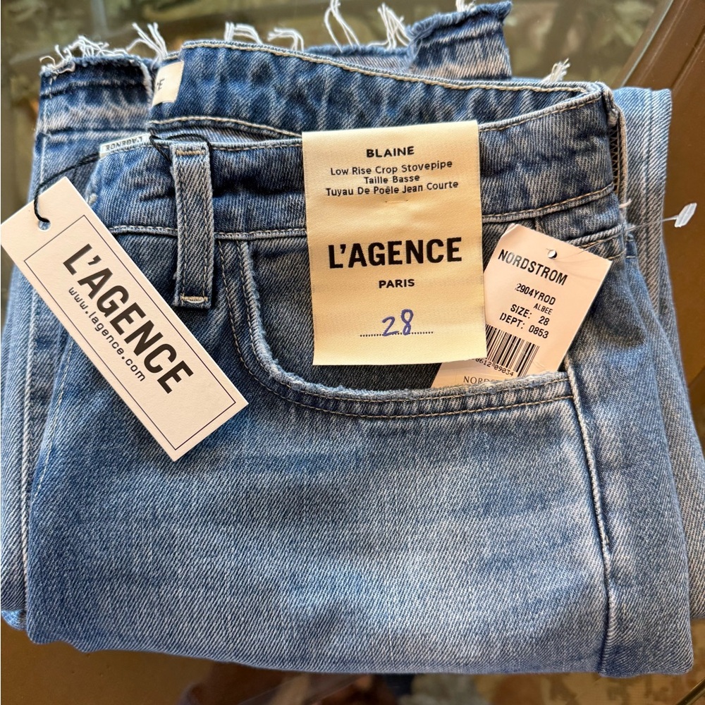 L'AGENCE Blue Ankle Cropped Jeans Distressed Denim